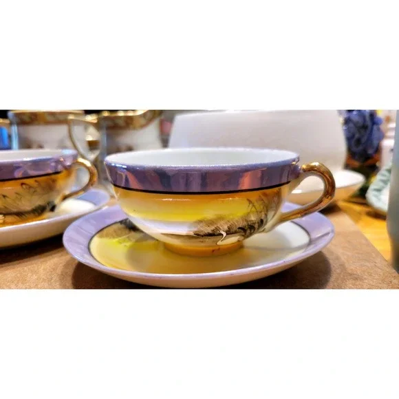 Vintage Teacup and Saucer Set Swan Crane Landscape Oriental Design - Picture 7 of 9